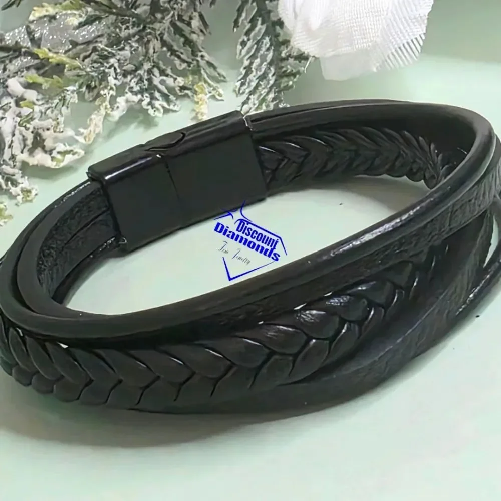 Black Genuine Braided Leather & Black Titanium Magnetic Closure